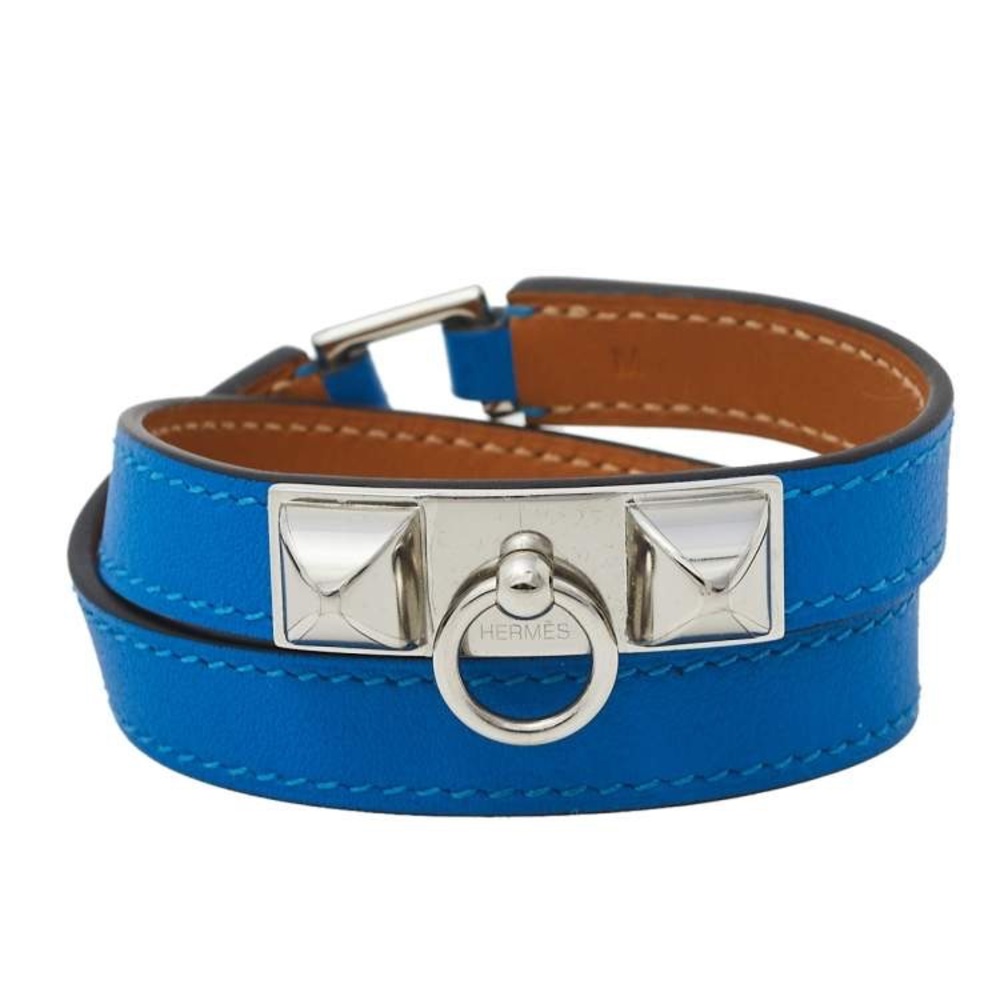 Hermes Blue Izmir Tadelakt Leather Palladium Plated Rivale Double Tour Bracelet